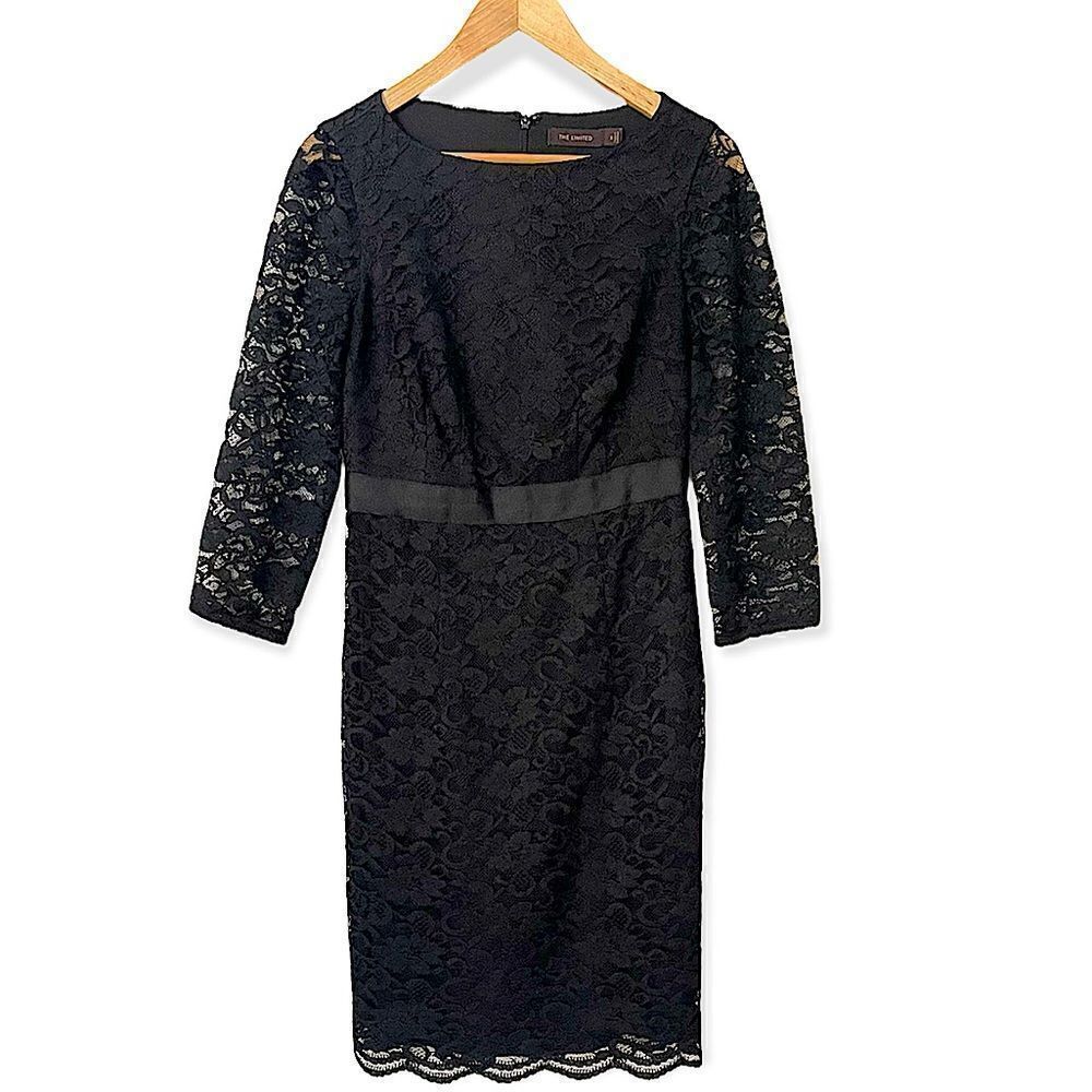 Y2K The Limited Black Scalloped Lace 3/4 Sleeve Midi Dress Size 2